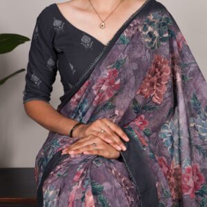 Elegant Floral Georgette Saree With Lace Border