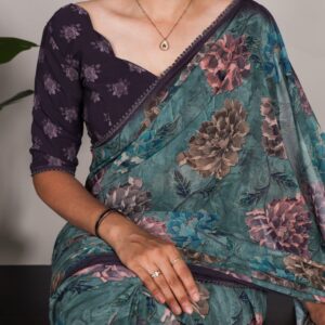 Elegant Floral Georgette Saree With Lace Border