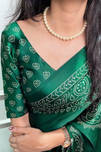 Emerald Elegance: Green Semi Gaji Satin Saree with Foil Work