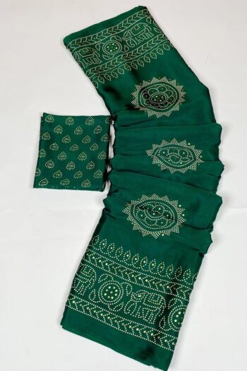 Emerald Elegance: Green Semi Gaji Satin Saree with Foil Work