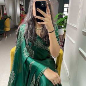 Emerald Elegance: Green Semi Gaji Satin Saree with Foil Work