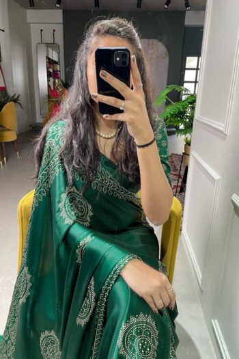 Emerald Elegance: Green Semi Gaji Satin Saree with Foil Work