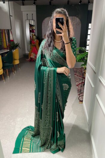 Emerald Elegance: Green Semi Gaji Satin Saree with Foil Work