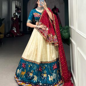 Vibrant Heritage: Dola Silk Gamthi Work Navratri Lehenga