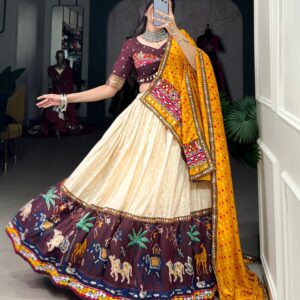 Vibrant Heritage: Dola Silk Gamthi Work Navratri Lehenga