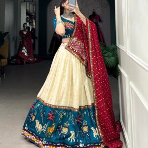 Vibrant Heritage: Dola Silk Gamthi Work Navratri Lehenga