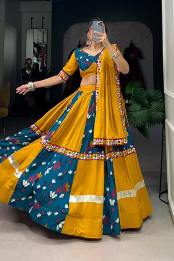 Navratri Elegance Embossed Rayon-Silk Lehenga & Mirror Work