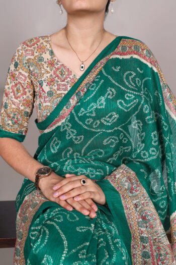 Emerald Elegance Fusion Madhubani & Bandhej Silk Saree