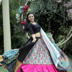 Precious Black Rayon Lehenga Choli with Embroidery & Dupatta