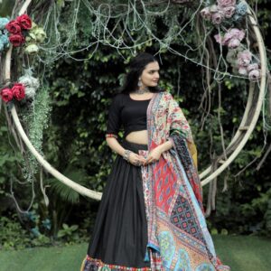 Precious Black Rayon Lehenga Choli with Embroidery & Dupatta