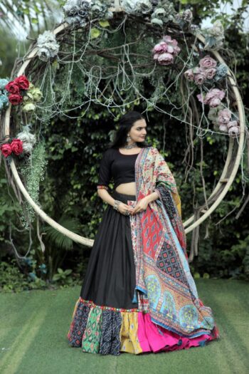 Precious Black Rayon Lehenga Choli with Embroidery & Dupatta