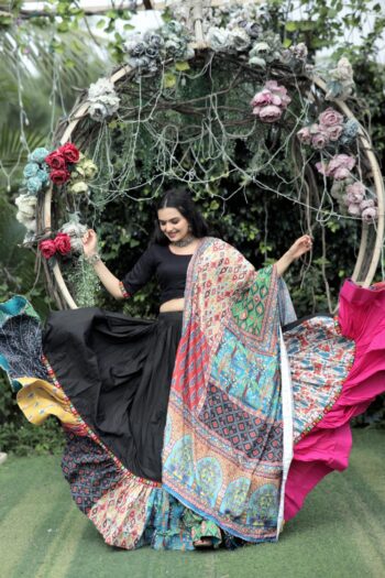 Precious Black Rayon Lehenga Choli with Embroidery & Dupatta