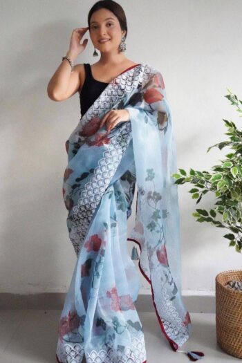 Soft Organza Saree with Elegant Embroidery & Lace Border