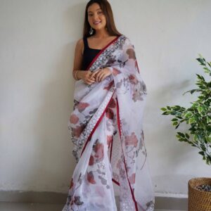 Soft Organza Saree with Elegant Embroidery & Lace Border