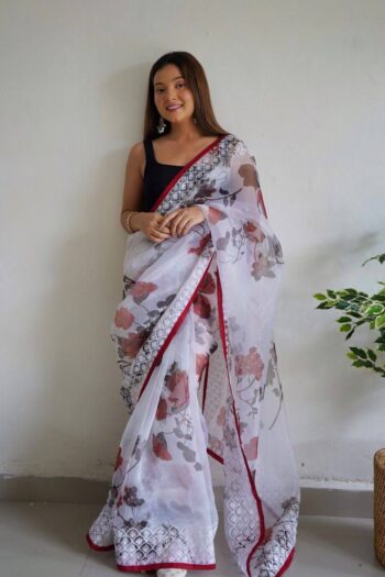 Soft Organza Saree with Elegant Embroidery & Lace Border