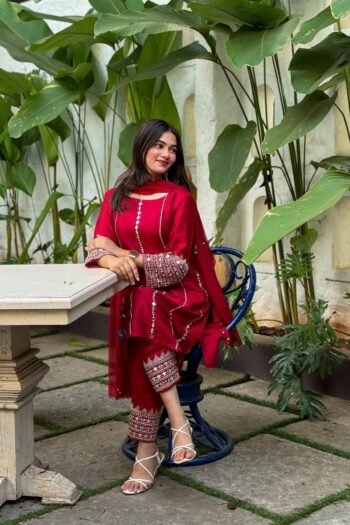 Elegant Red Georgette Suit Set with Embroidered Sequins