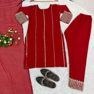 Elegant Red Georgette Suit Set with Embroidered Sequins