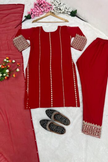 Elegant Red Georgette Suit Set with Embroidered Sequins