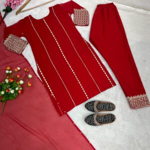 Elegant Red Georgette Suit Set with Embroidered Sequins