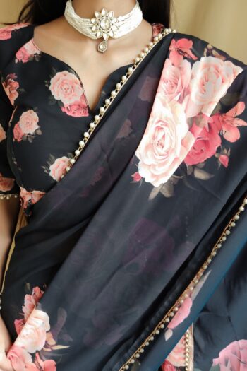 Elegance Redefined Georgette Printed Saree with Pearl Lace