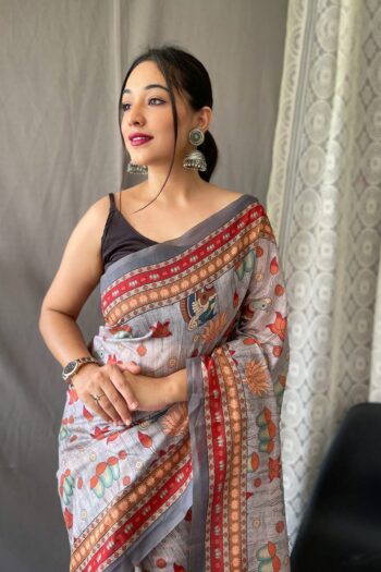 Kalamkari Majesty Pure Malai Cotton Saree with Big Border
