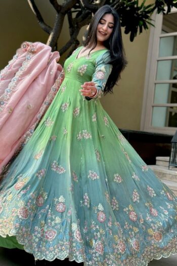 Fully Stitched Party Wear Gown with Heavy Embroidery & Print