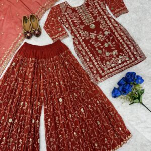 Festive Flair Designer Top, Palazzo, and Embroidered Dupatta