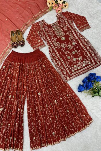 Festive Flair Designer Top, Palazzo, and Embroidered Dupatta