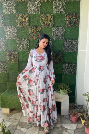 Chic White Georgette Printed Gown of Grace