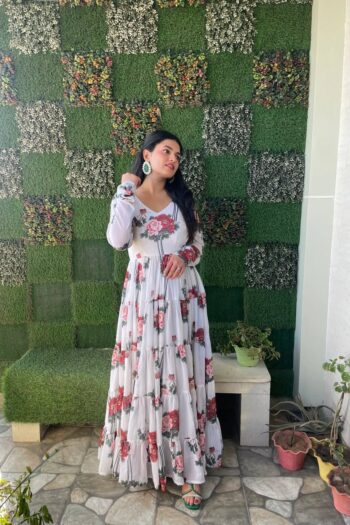 Chic White Georgette Printed Gown of Grace