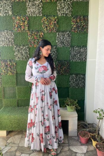 Chic White Georgette Printed Gown of Grace