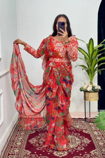 Fashion Fusion Ruffle Saree with Embroidered Blouse & Belt