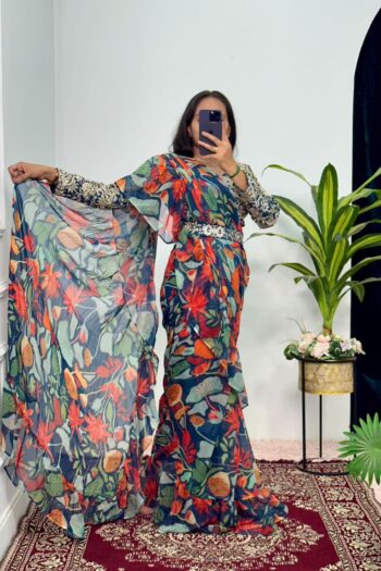 Fashion Fusion Ruffle Saree with Embroidered Blouse & Belt
