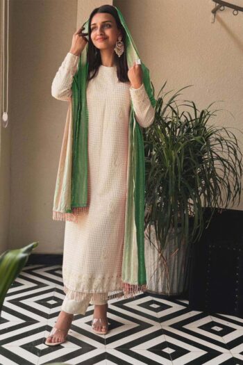 Faux Georgette Embroidered Top & Pant Set with Dupatta