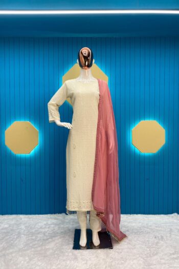 Faux Georgette Embroidered Top & Pant Set with Dupatta