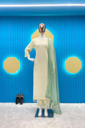Faux Georgette Embroidered Top & Pant Set with Dupatta