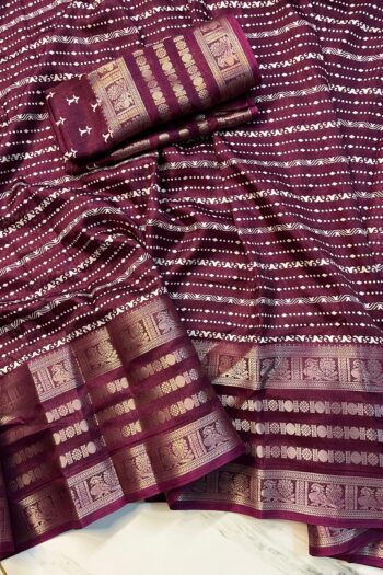 Charming Floral Dola Silk Saree with Checks Blouse & Border