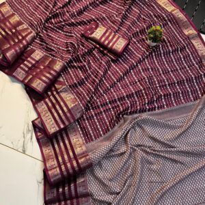 Charming Floral Dola Silk Saree with Checks Blouse & Border