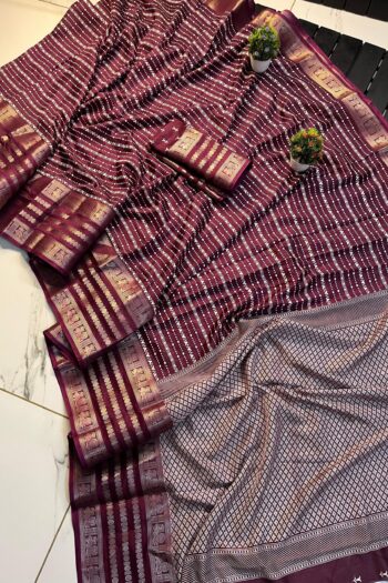 Charming Floral Dola Silk Saree with Checks Blouse & Border