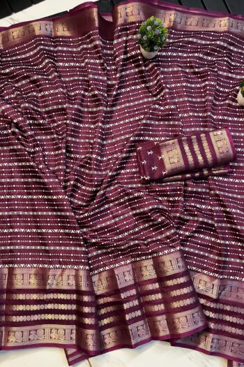 Charming Floral Dola Silk Saree with Checks Blouse & Border