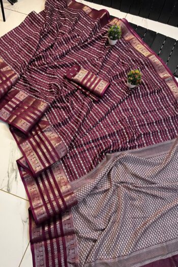Charming Floral Dola Silk Saree with Checks Blouse & Border