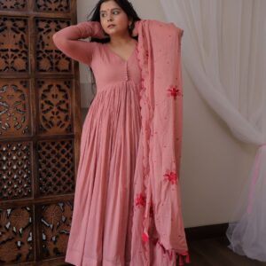 Peachy Pink Georgette Gown with Silk Pants & Net Dupatta