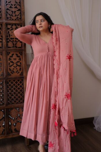 Peachy Pink Georgette Gown with Silk Pants & Net Dupatta
