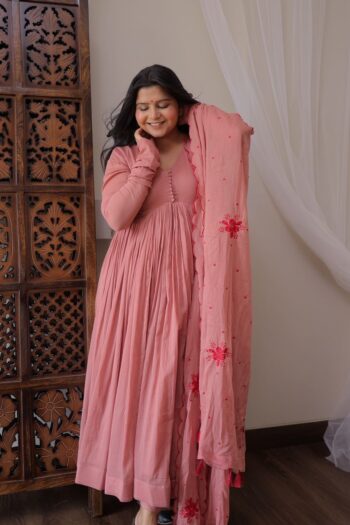 Peachy Pink Georgette Gown with Silk Pants & Net Dupatta