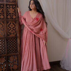 Peachy Pink Georgette Gown with Silk Pants & Net Dupatta