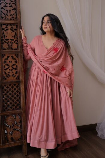 Peachy Pink Georgette Gown with Silk Pants & Net Dupatta