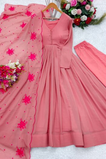 Peachy Pink Georgette Gown with Silk Pants & Net Dupatta