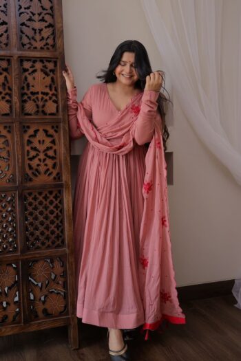 Peachy Pink Georgette Gown with Silk Pants & Net Dupatta