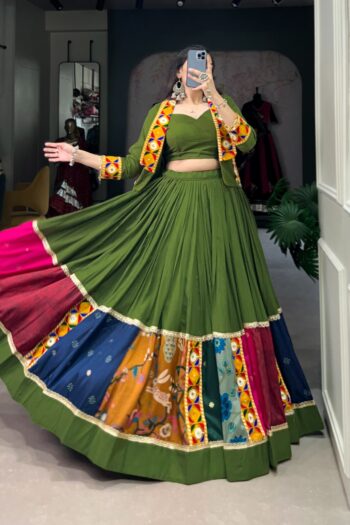 Festive Finesse Mahendi Green Rayon Lehenga Choli with Koti