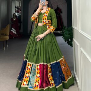 Festive Finesse Mahendi Green Rayon Lehenga Choli with Koti